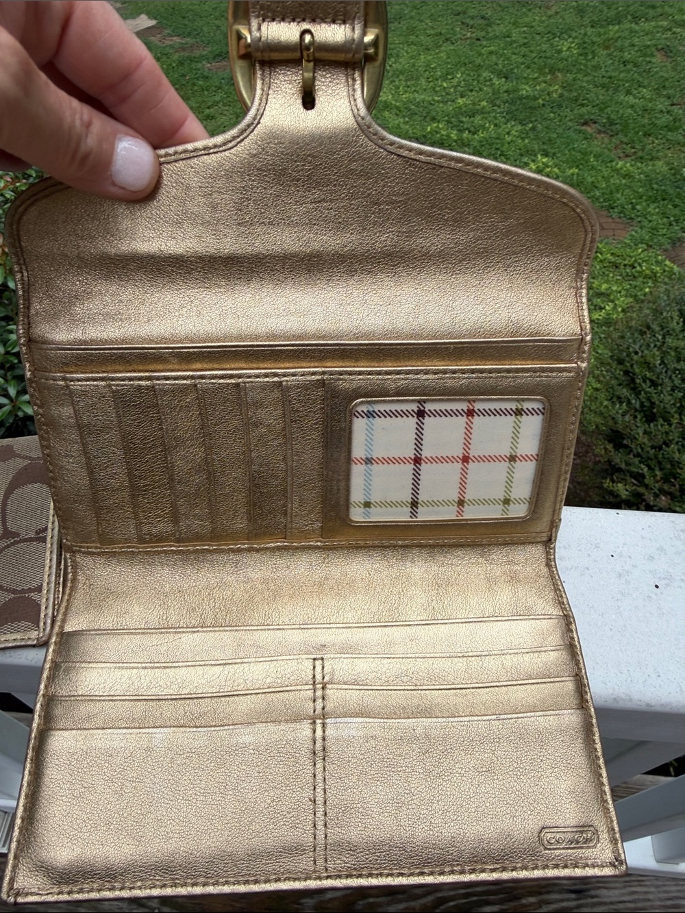 Coach Bleecker Signature Brown Canvas Gold Leather Buckle continental wallet - Picture 11 of 16